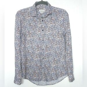 Zara Button Down Floral Business Casual Shirt, Blue / Brown